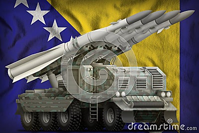 Tactical short range ballistic missile with arctic camouflage on the Bosnia and Herzegovina national flag background. 3d Stock Photo