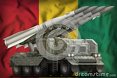 Tactical short range ballistic missile with arctic camouflage on the Guinea national flag background. 3d Illustration Stock Photo