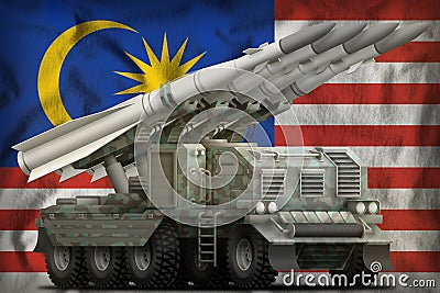 Tactical short range ballistic missile with arctic camouflage on the Malaysia national flag background. 3d Illustration Stock Photo