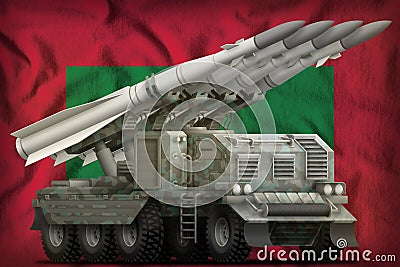 Tactical short range ballistic missile with arctic camouflage on the Maldives national flag background. 3d Illustration Stock Photo