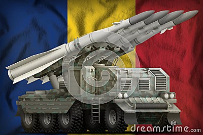 Tactical short range ballistic missile with arctic camouflage on the Romania national flag background. 3d Illustration Stock Photo