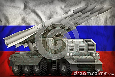 Tactical short range ballistic missile with arctic camouflage on the Russia national flag background. 3d Illustration Stock Photo