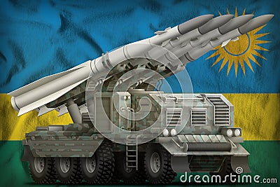 Tactical short range ballistic missile with arctic camouflage on the Rwanda national flag background. 3d Illustration Stock Photo