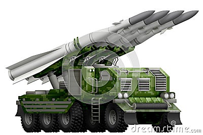 Tactical short range ballistic missile with pixel forest camouflage with fictional design - isolated object on white background. 3 Cartoon Illustration