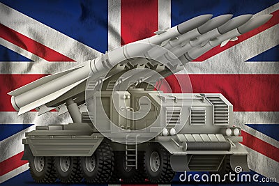 Tactical short range ballistic missile on the United Kingdom UK national flag background. 3d Illustration Stock Photo