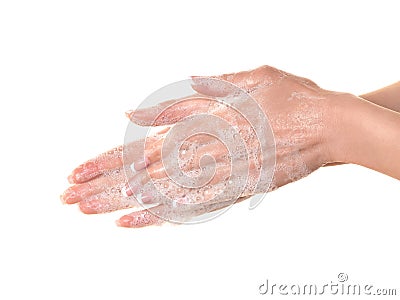 After tactile contact. Caucasian woman soap up her hands to avoid infection, close up, isolated on white. Stock Photo