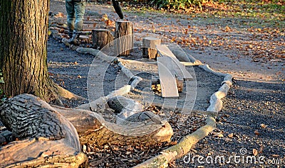 Tactile path for bare feet awakens the senses and uneven endings on the feet alternating different materials wood stone gravel san Stock Photo