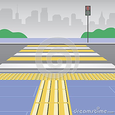 Tactile tile on sidewalk in front of pedestrian crossing with traffic light for the safety of the blind, flat vector stock Cartoon Illustration