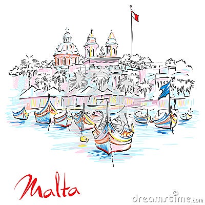 Taditional eyed boats Luzzu in Marsaxlokk, Malta Vector Illustration