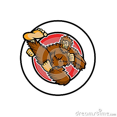 Taekwondo Bigfoot Flying Kick Circle Mascot Cartoon Illustration