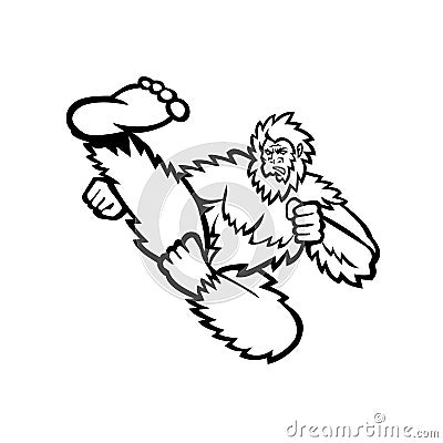 Taekwondo Bigfoot Flying Kick Mascot Black and White Vector Illustration