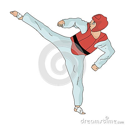 Taekwondo fighter in white kimono and red protection sports.Olympic sports single icon in cartoon style vector symbol Vector Illustration