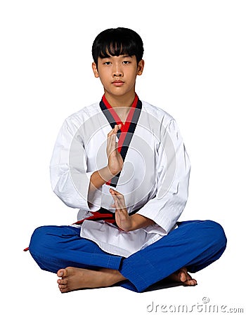 TaeKwonDo Karate Kid athlete young teenager show traditional Fighting Stock Photo
