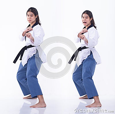 TaeKwonDo Karate national athlete kick punch on white background isolated Stock Photo