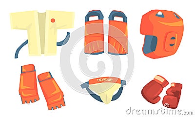 Taekwondo Sports Equipment Set, Head, Boxing Ring, Championship Belt, Gloves, Helmet, Kimono Vector Illustration Vector Illustration