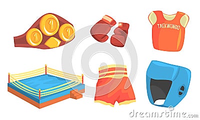 Taekwondo Sports Equipment Set, Head, Chest, Groin, Elbow Guard Protectors, Kimono and Sparring Grappling Gloves Vector Vector Illustration