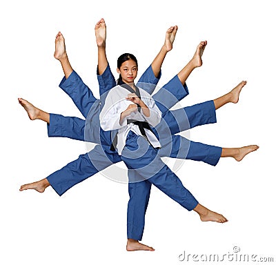 Taekwondo Teenager girl circle round her leg and strobe many legs Stock Photo