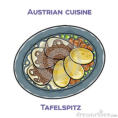 Tafelspitz is a classic Viennese dish of boiled beef, typically served with a side of apple horseradish, creamed spinach, and Vector Illustration