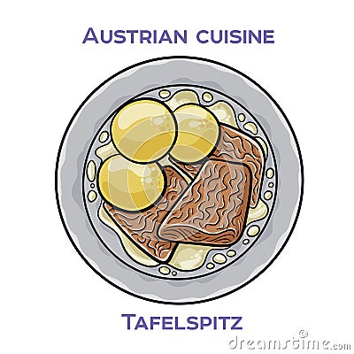 Tafelspitz is a classic Viennese dish of boiled beef, typically served with a side of apple horseradish, creamed spinach, and Vector Illustration