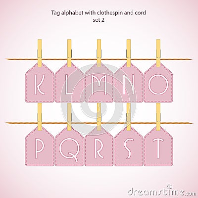 Tag alphabet with clothespin and cord Vector Illustration