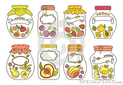 Tag sticker jar fruit doodle flat set label vector Vector Illustration