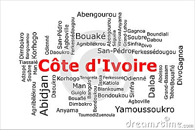 Tagcloud of the most populous cities in Cote d'Ivoire Stock Photo