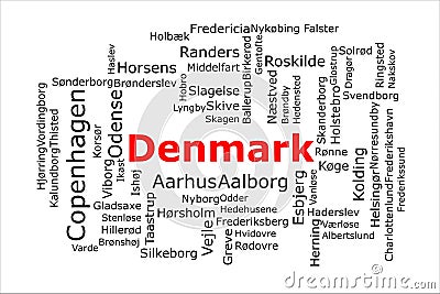 Tagcloud of the most populous cities in Denmark Stock Photo