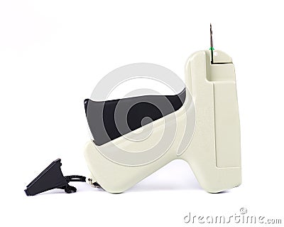 Tagging gun of cloth. Labeling nail gun on white background Stock Photo