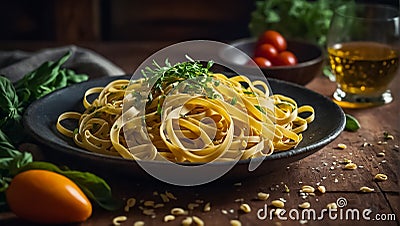 tagliatelle pasta with herbs in a plate kitchen portion Stock Photo