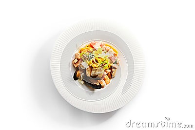 Tagliatelle pasta with seafood top view Stock Photo