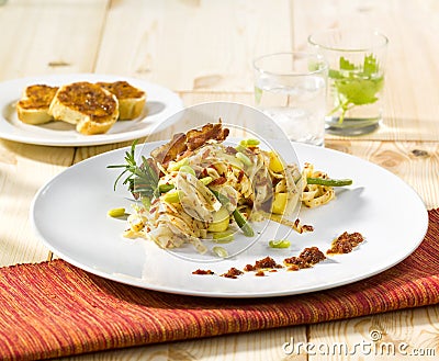 Tagliatelle with potatoes, beans and bacon Stock Photo