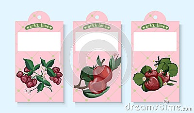 Tags for jars. Strawberry, raspberry and apple. Homemade jam. Kitchen emblems. Homemade home cooking Vector Illustration