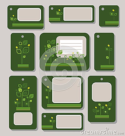 Tags, labels, green, yellow leaves on a dark green background, ecology, nature. Vector Illustration