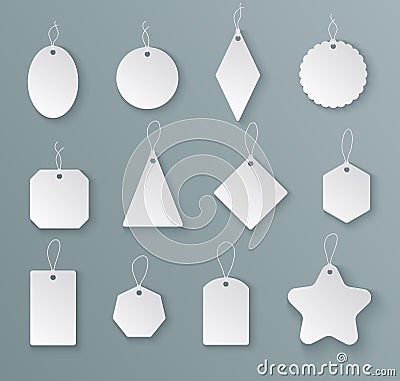 Tags labels. White paper empty price tag with string in different shapes. Mockups for christmas gifts isolated vector Vector Illustration