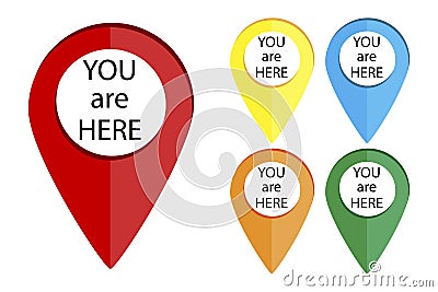 Tags you are here. Location icon. Set of pins for the map. Destination flat markers. Vector illustration Vector Illustration