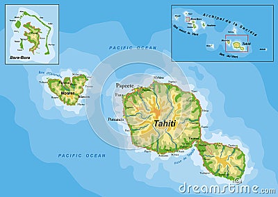 Tahiti and Bora-Bora highly detailed physical map Vector Illustration