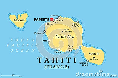Tahiti, French Polynesia, a part of the Society Islands, political map Vector Illustration