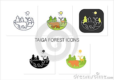 Taiga forest icons set Vector Illustration