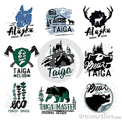 Taiga logo sign. Forest logotype. Bear taiga emblems. Vintage Camping logo. Vector Illustration