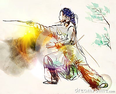 Taiji (Tai Chi). An full sized hand drawn illustra Cartoon Illustration