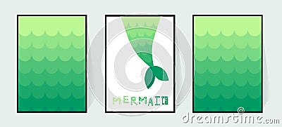 Tail cartoon mermaid. Vector wall decor in the bathroom for a girl. Prints on invitations cards. Gradient green fishtail. Vector Illustration