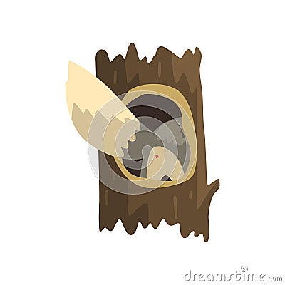 Tail of wolf sticking out of hollow tree, hollowed out old tree and cute animal cartoon character inside vector Vector Illustration