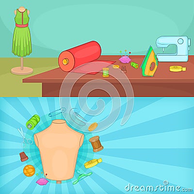 Tailor banner set horizontal, cartoon style Vector Illustration