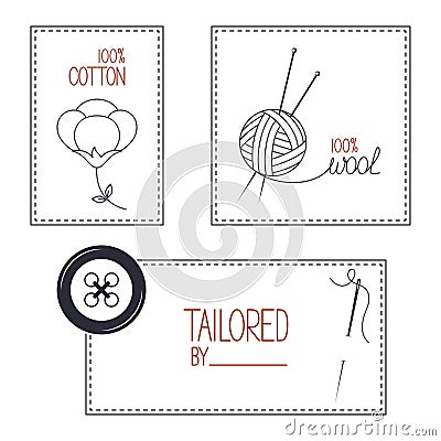Tailor, cotton and wool products emblems set Vector Illustration