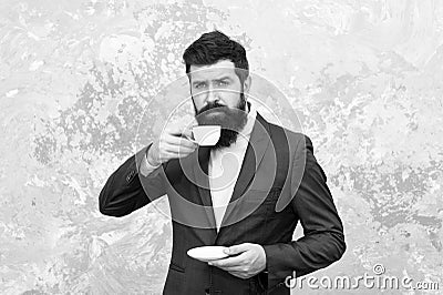 Tailor or fashion designer. Male fashion model. Mature businessman. elegant man with beard drink coffee. Modern life Stock Photo