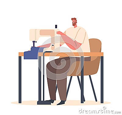 Tailor Male Character Sewing On Machine. Measuring Fabric, Cutting Pattern, Guiding Fabric Under Needle, Stitching Vector Illustration