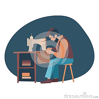 Tailor man. The concept of gender inclusion. A young man with a beard sits at a sewing machine and gunther clothes Vector Illustration