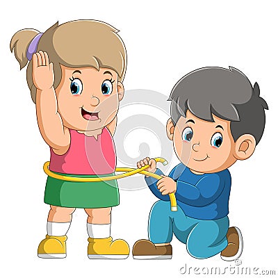 The tailor man is measuring the body girl with the measuring rope Vector Illustration