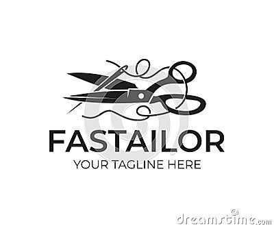 Tailor, scissors and needle with a thread, logo design. Sewing, needlework, clothing and sphere of services, vector design Vector Illustration