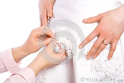 Tailor sew dress of bride Stock Photo